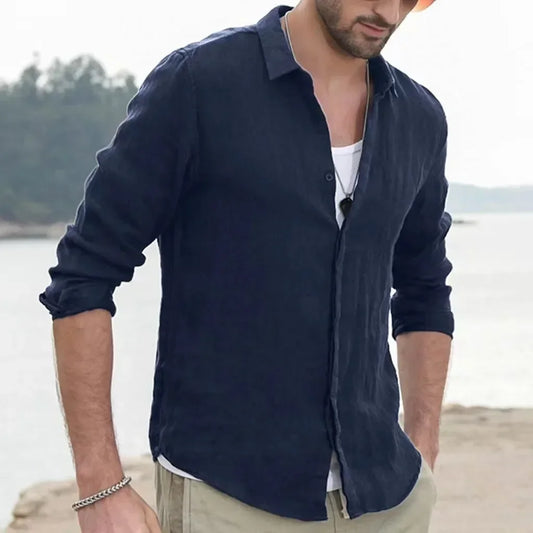 Men Summer New Solid Linen  Long Sleeve Casual Shirt Single Breasted Collar Cotton Linen Lapel Tops Simplicity Long Sleeve Shirt