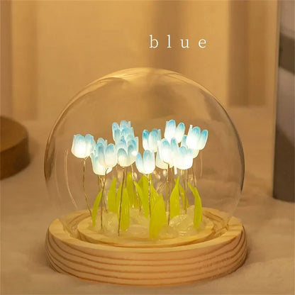 Artificial Tulip Night Light with Transparent Cover Handmade DIY Bedside Lamp LED Night Light Home Decoration Atmosphere Light