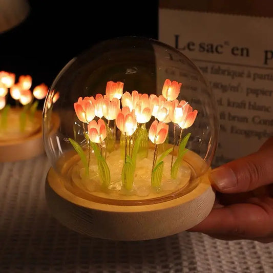 Artificial Tulip Night Light with Transparent Cover Handmade DIY Bedside Lamp LED Night Light Home Decoration Atmosphere Light