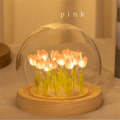 Artificial Tulip Night Light with Transparent Cover Handmade DIY Bedside Lamp LED Night Light Home Decoration Atmosphere Light