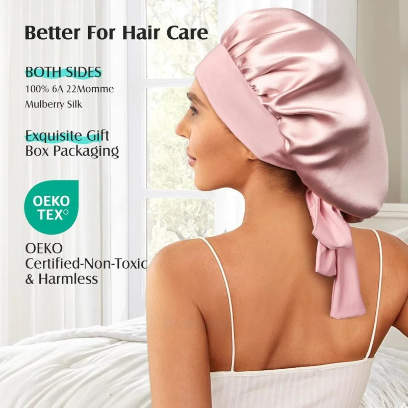 100% 19 Momme Mulberry Silk Bonnet for Sleeping Wome with Larger Double Layer Silk Hair Wrap for Curly Short Long Hair Non-Slip